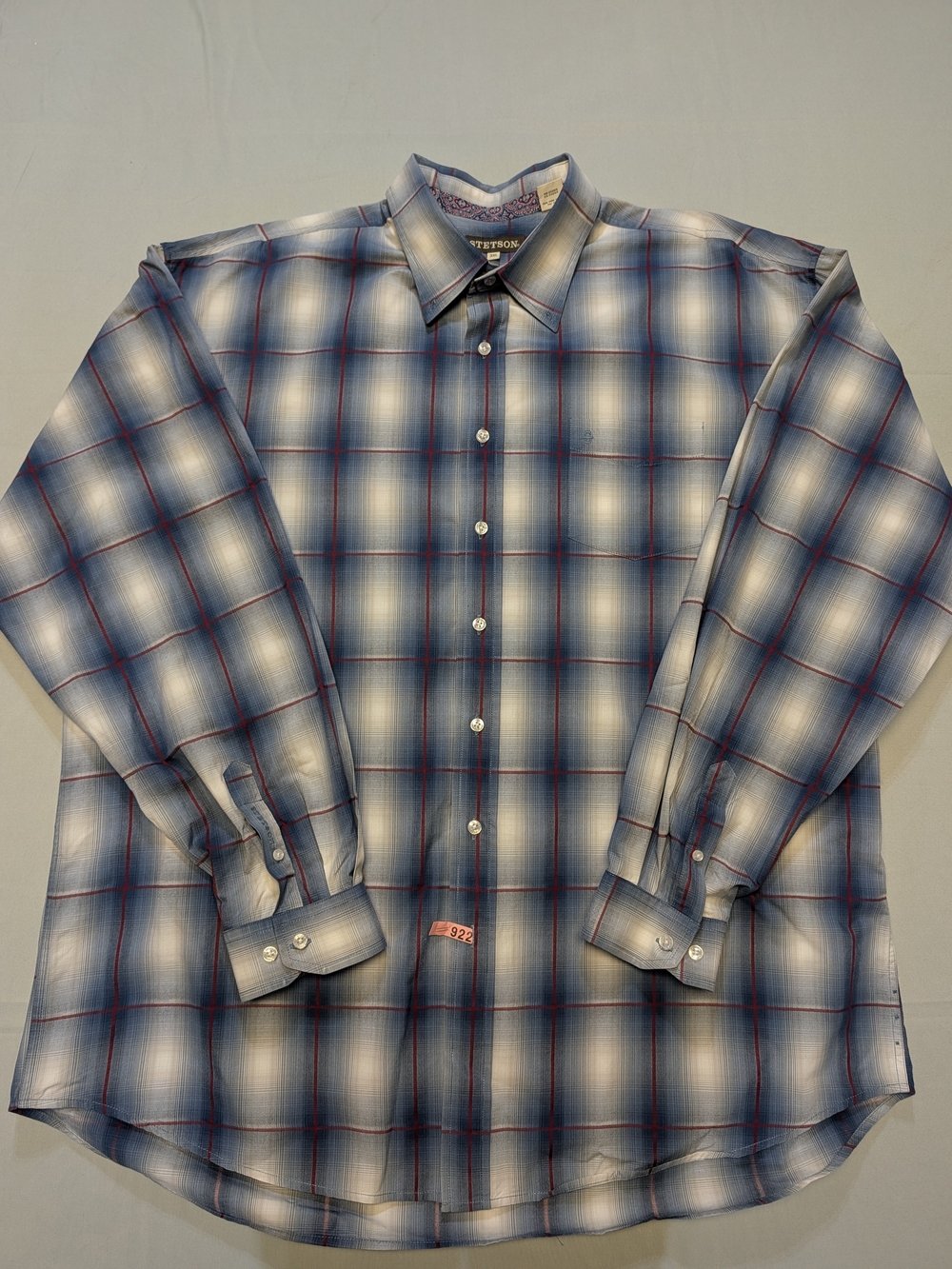 Stetson Men's 3XL Shirt Blue Plaid Red Accent Stripe Long-Sleeve Western Cowboy